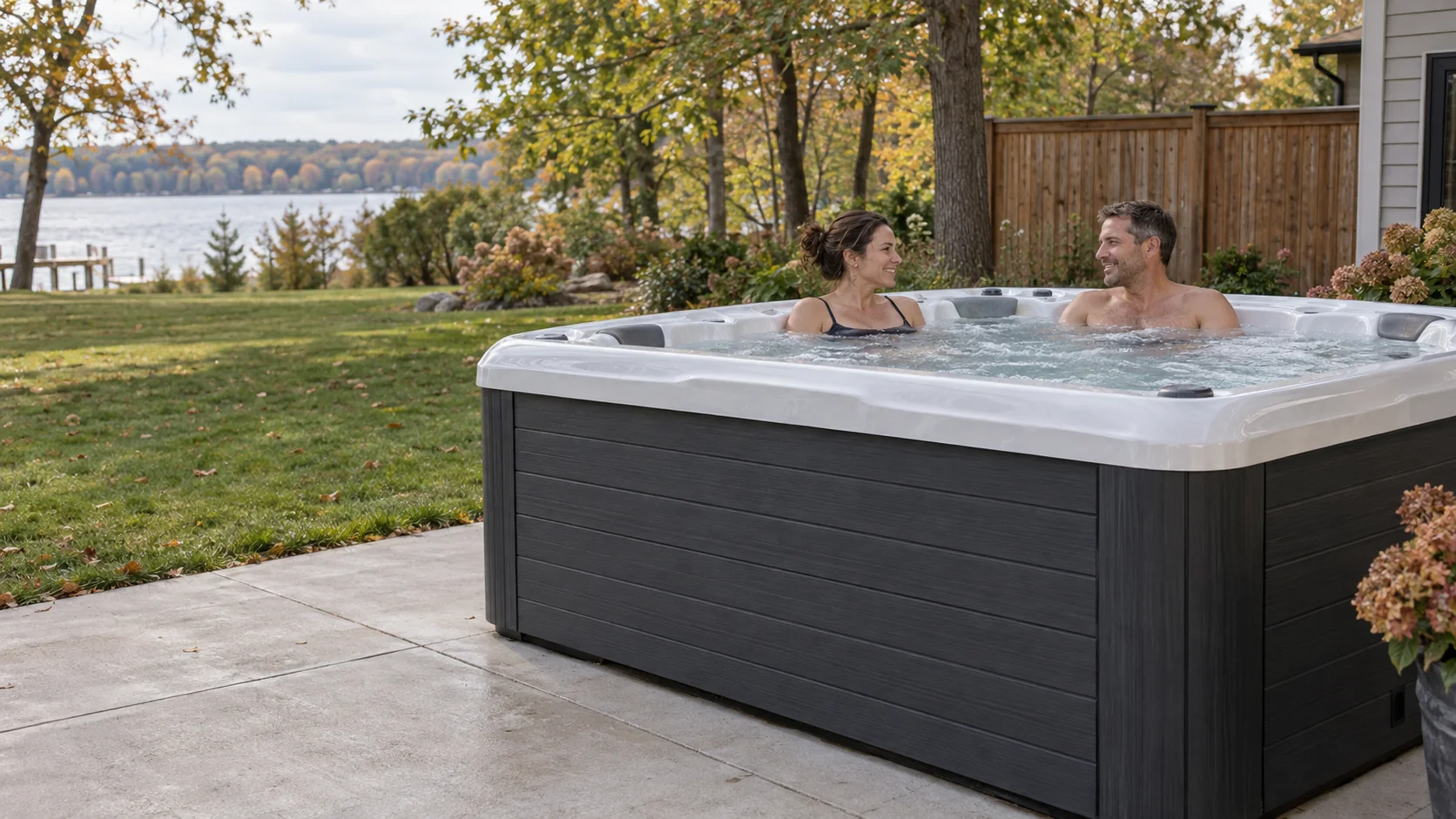 Illustrative AI-generated backyard scene with two adults relaxing in a hot tub beside a lake